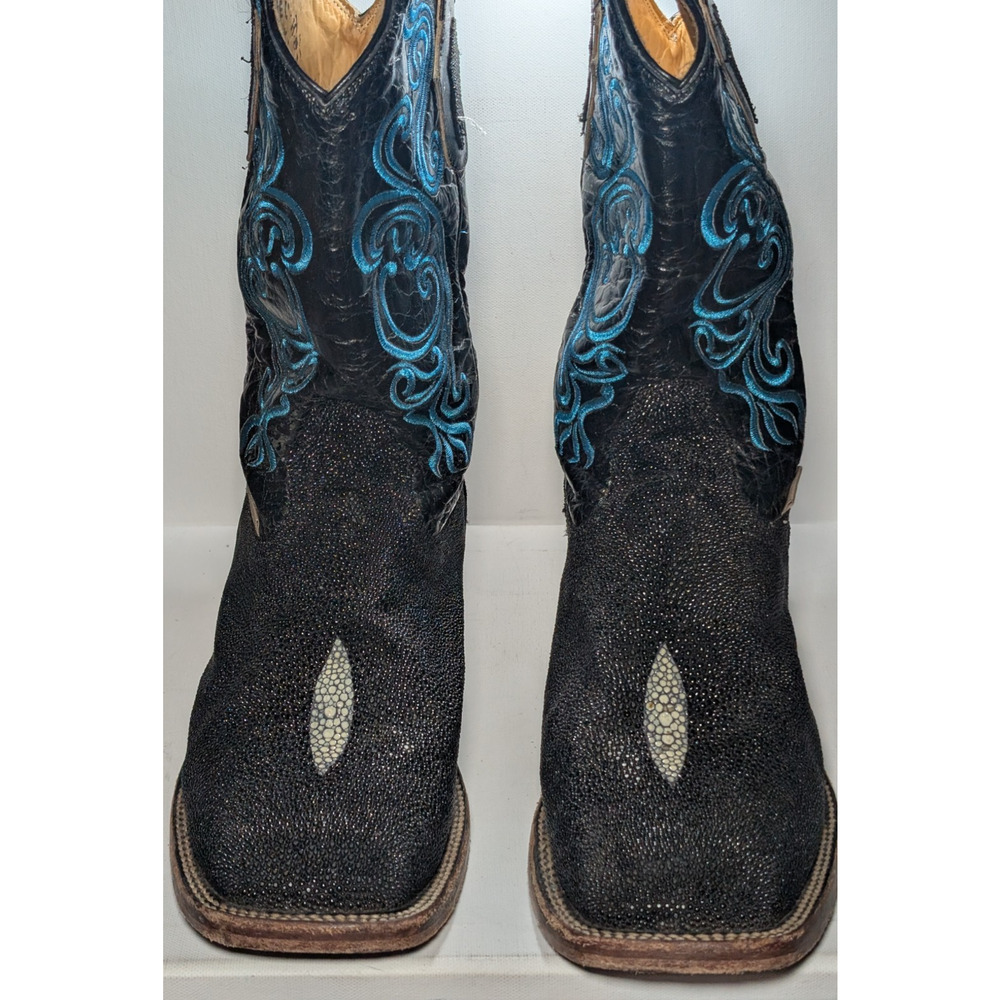 El Malcreado Cowboy Boots Men’s 9-10 Black Blue Embroidered Square Toe READ